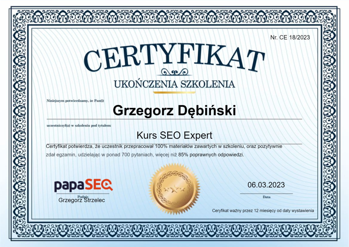 Grzegorz Dębiński - certyfikowany specjalista SEO
